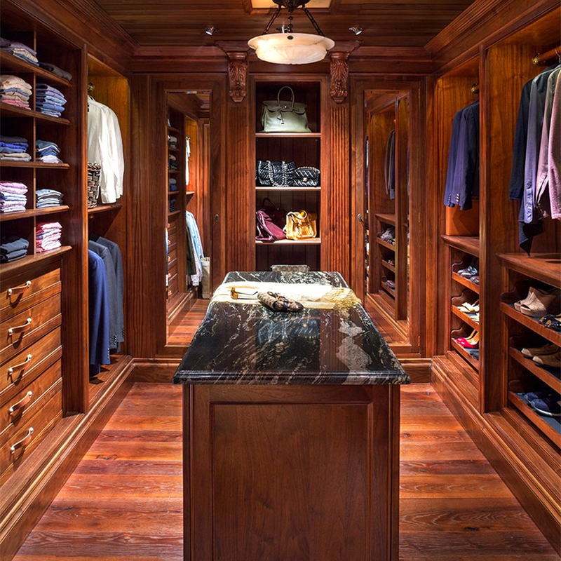کمد چوبی جامد Walk In Closet کابینت های ذخیره سازی لباس های مدرن کلاسیک U شکل قهوه ای