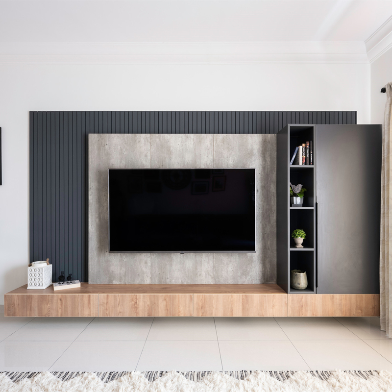 کابینت تلویزیون دیواری مدرن سفید خاکستری تیره یونیت تلویزیون ملامینه نیمکت دانه چوب